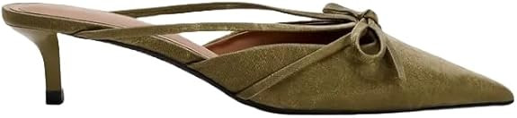 Women's Heeled Bow Mules Pointed Toe Kitten Heel Suede Olive Green Slip-On Sandals Shoes Party We... | Amazon (US)