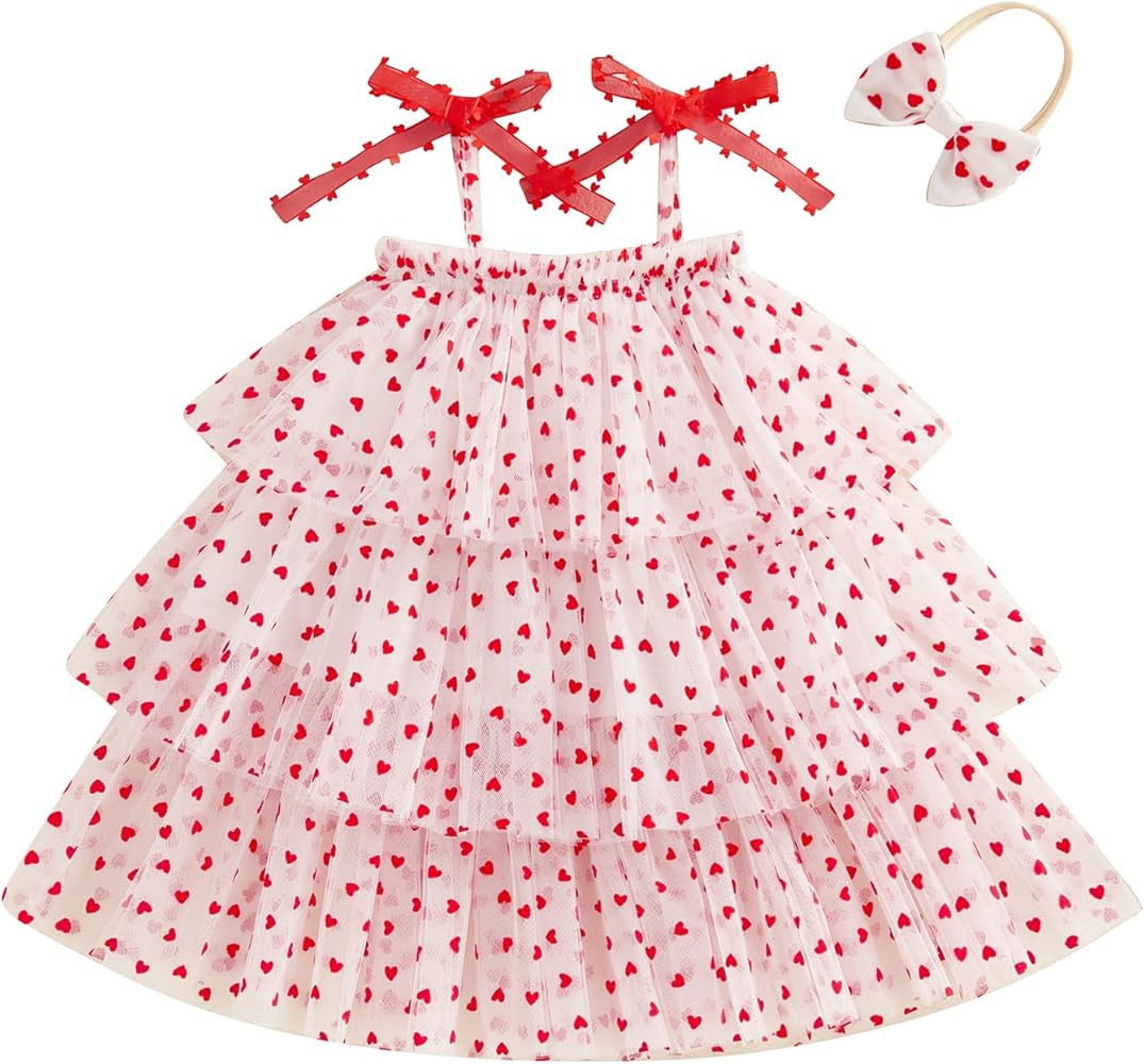 Toddler Baby Girls Valentines Day Dress Heart Print Sleeveless Layered Tulle Tutu Dresses Cake Sm... | Amazon (US)
