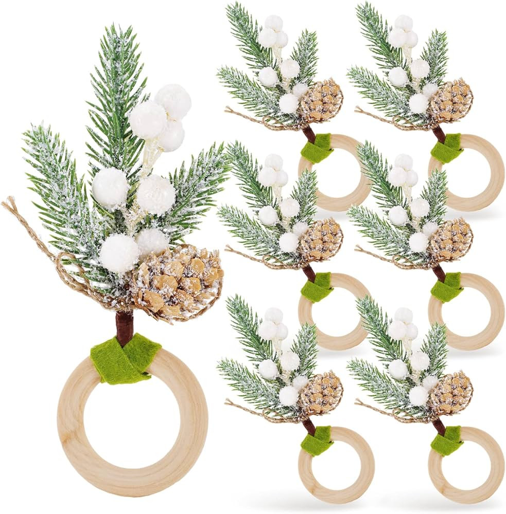 Whaline Christmas Napkin Rings Large White Berries Pine Cones Napkin Holder Rustic Farmhouse Napk... | Amazon (US)
