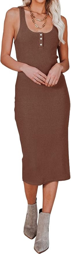 ReachMe Womens Summer Ribbed Midi Dress Casual Stretchy Tank Dresses Sleeveless Sexy Bodycon Dre... | Amazon (US)