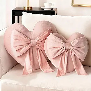 AELS Heart Shaped Pillow with Bow, Set of 2, 16.5 Inches Heart Decorative Throw Pillows, Cute Val... | Amazon (US)