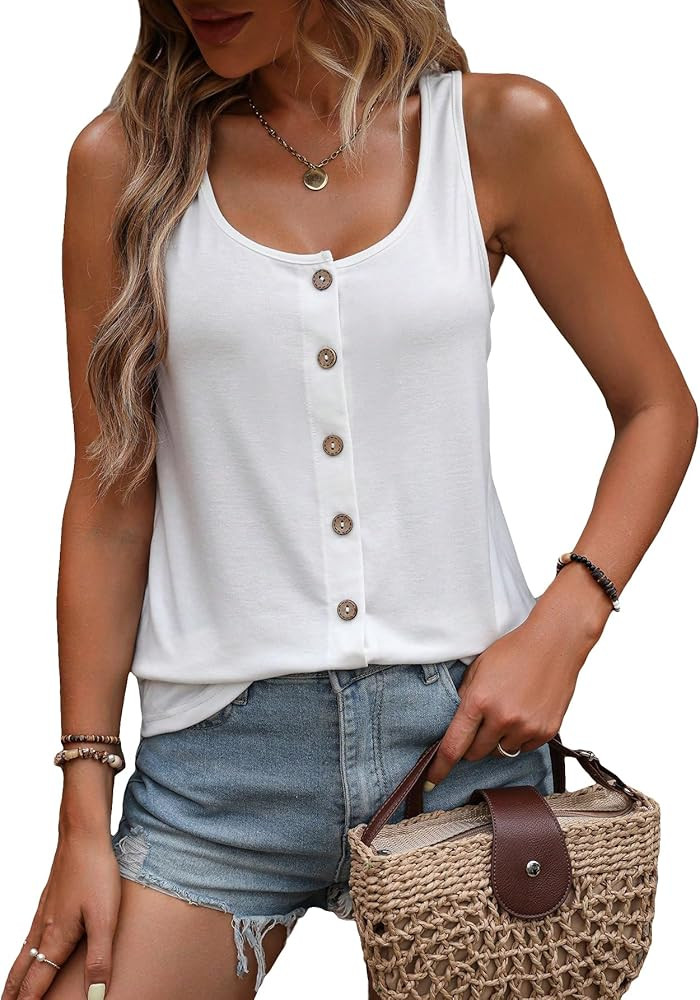 SweatyRocks Women's Scoop Neck Button Up Tank Top Casual Solid Sleeveless T Shirt | Amazon (US)