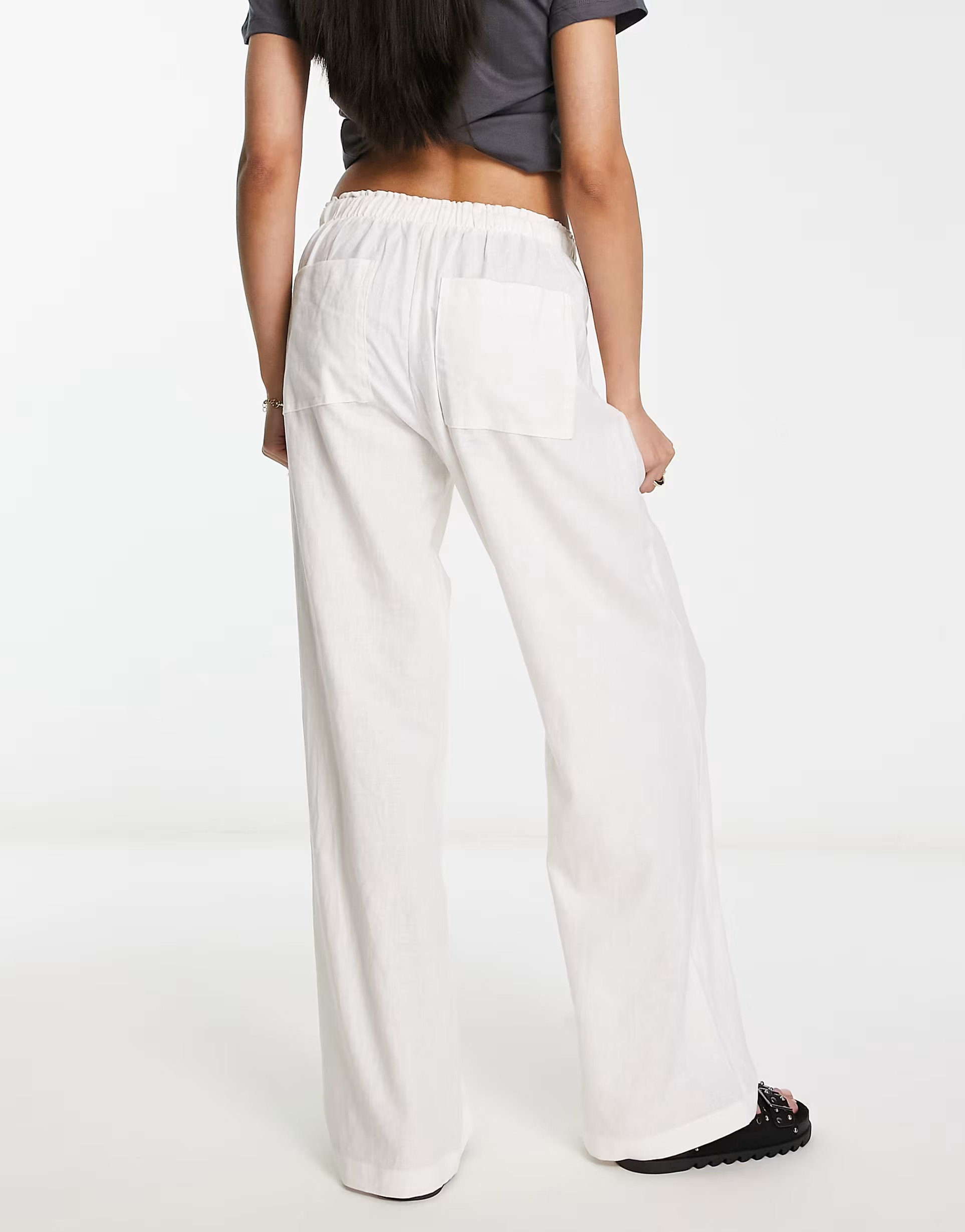 Bershka tie waist wide leg linen pants in white | ASOS (Global)