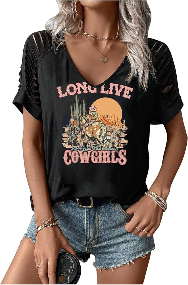 Rock Band T-Shirt for Women V-Neck Country Music Short Sleeved Shirt Retro Nashville Guitar Graph... | Amazon (US)