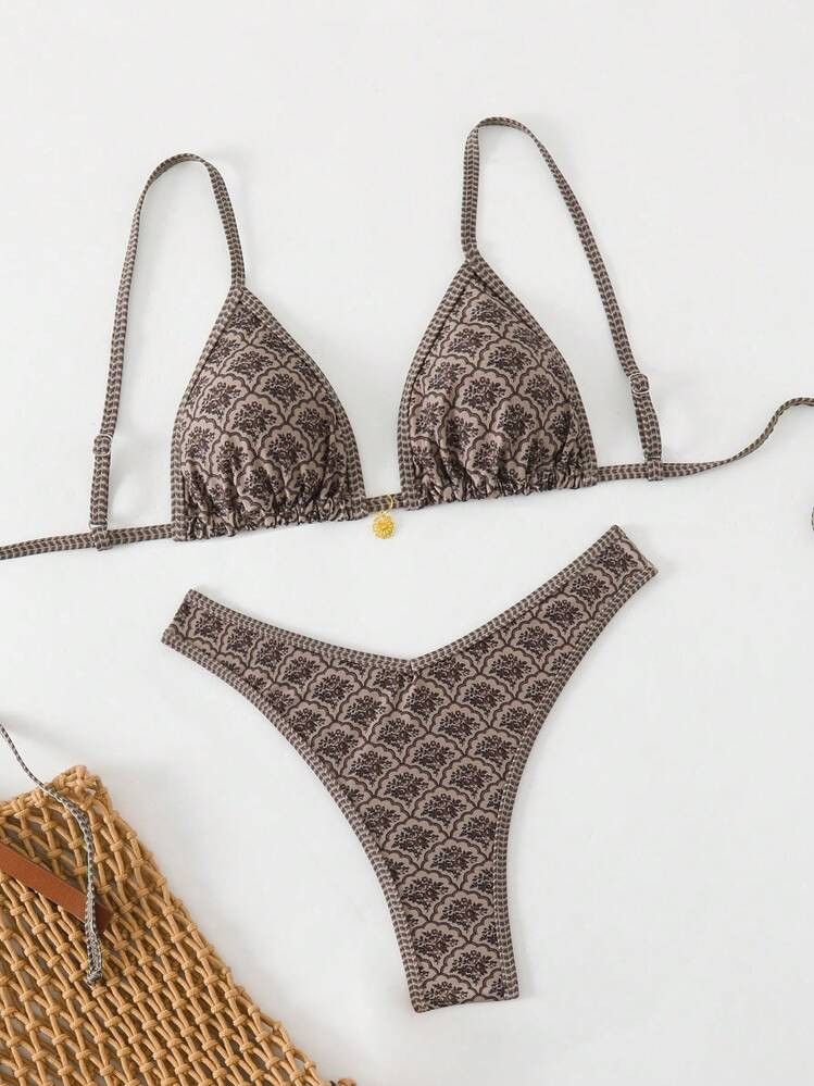 Swim Lushoire Spring Break Women Beachwear Summer Outfits, Women Print Random Spaghetti Strap Top And High Cut Bikini Bottom Set | SHEIN