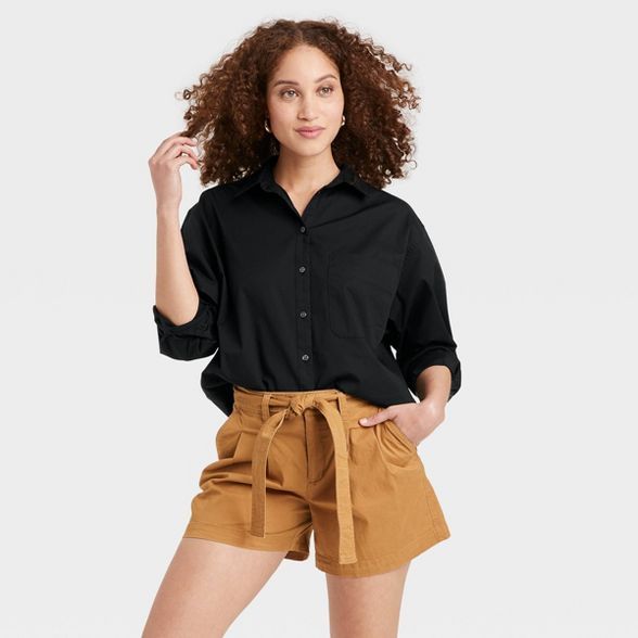 Women&#39;s Long Sleeve Button-Down Boyfriend Shirt - A New Day&#8482; Black L | Target