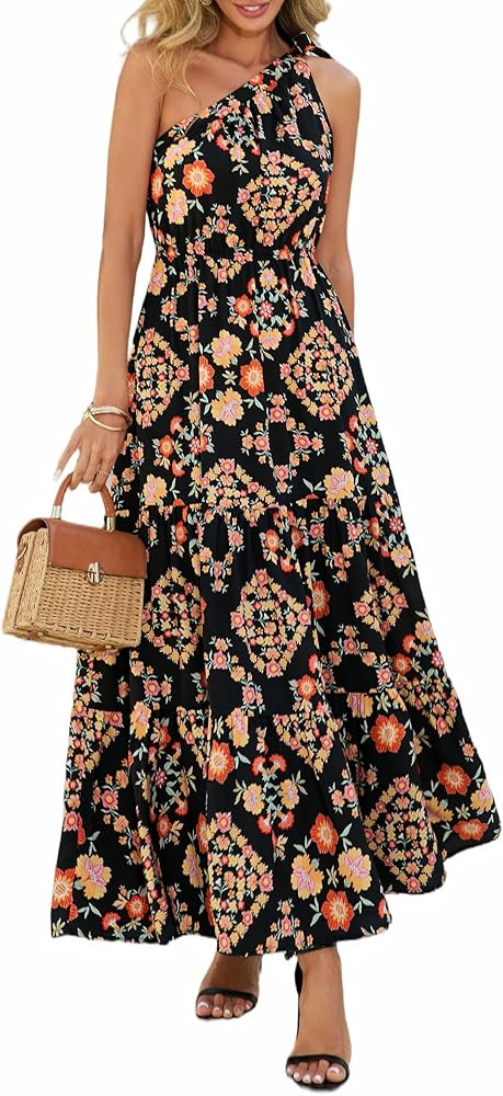 PRETTYGARDEN Women's Summer Floral One Shoulder Maxi Dress Knot Ruffle Boho Beach Vacation Weddin... | Amazon (US)