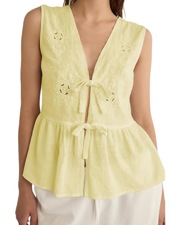 Women Tie Front Tank Top Sleeveless Hollow Out Embroidered Blouses V Neck Ruffle Hem Peplum Babyd... | Amazon (US)