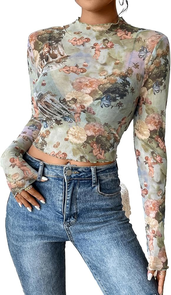 Floerns Women's Long Sleeve See Though Sheer Mesh Crop Tee Tops | Amazon (US)