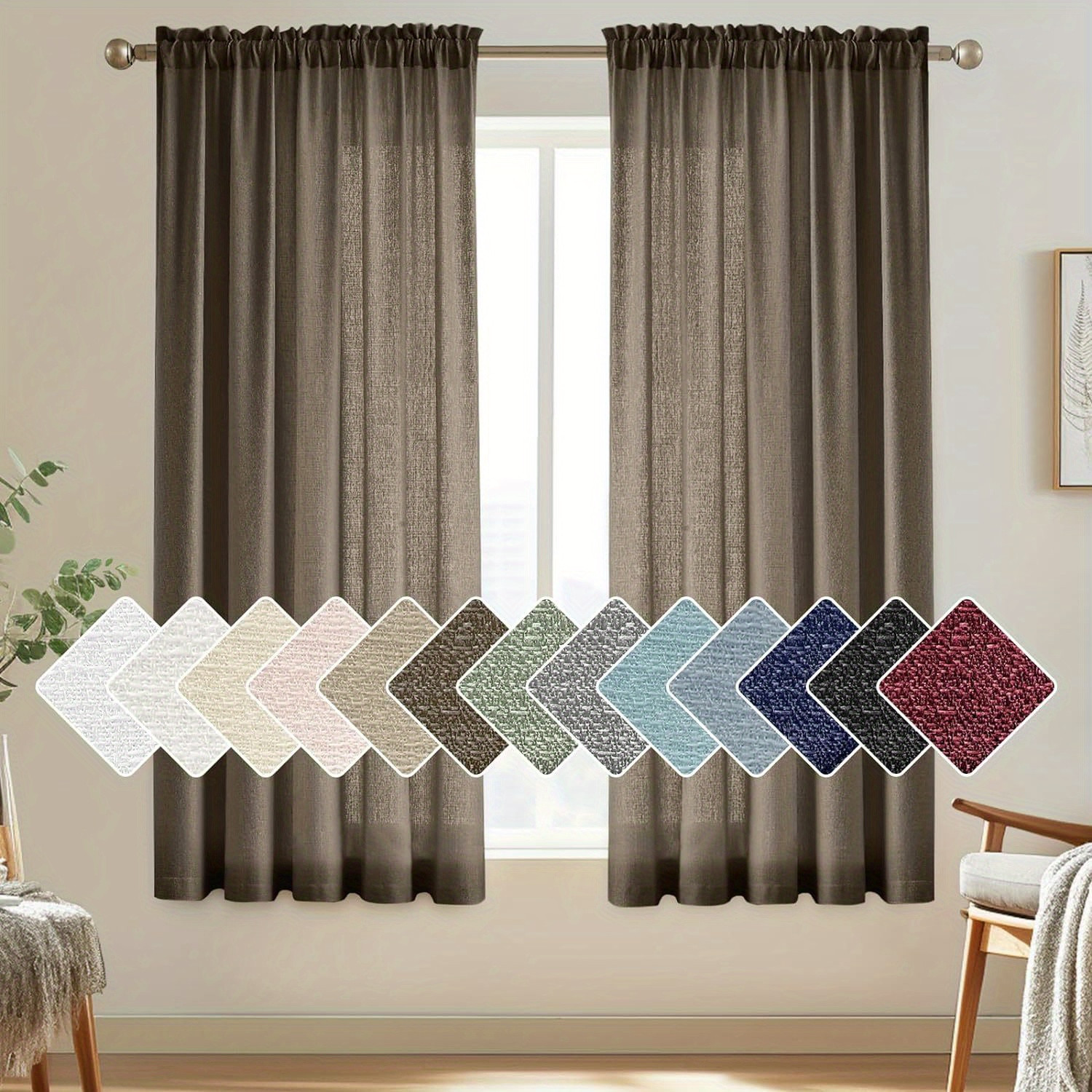 brown semi sheer curtains linen look rod pocket sheer drapes - Temu | Temu Affiliate Program