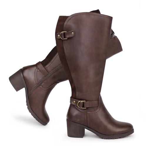 Chicblooms Women's Extra Wide Calf Knee High Riding Boots with Block Heel and Decorated Double Buckle, Brown PU, 12 M US | Amazon (US)