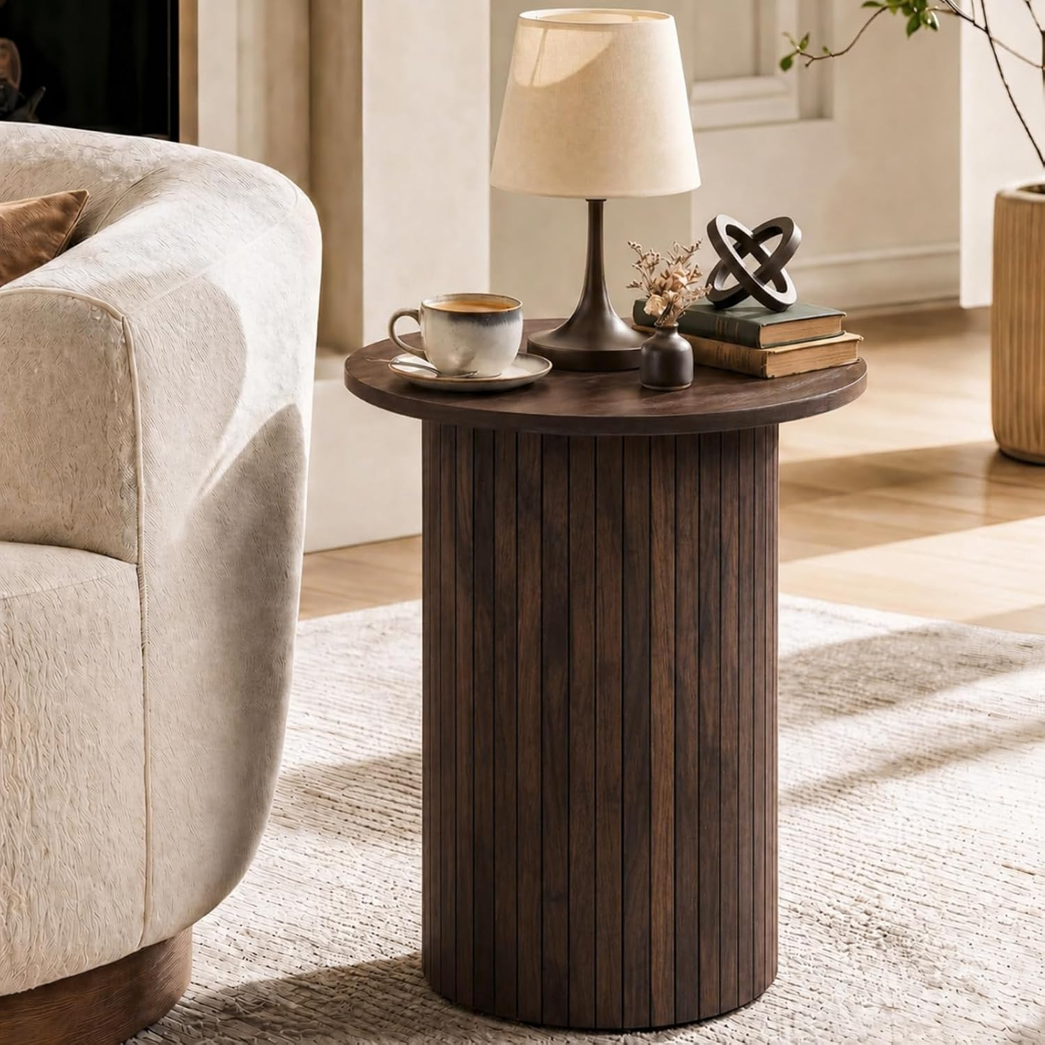 GIANTEX Round Side Table, Fluted Mid Century Modern Drum End Table, Walnut | Amazon (US)