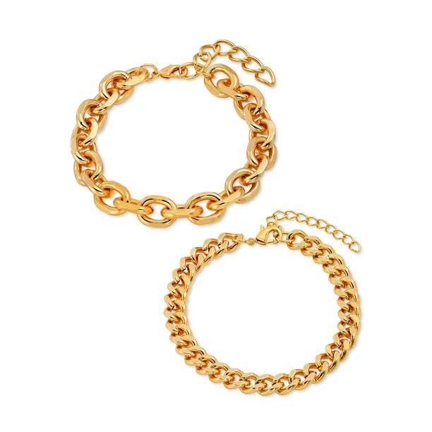 Scoop Brass Yellow Gold-Plated Oval Link and Curb Chain Bracelets, 2-Piece Set | Walmart (US)