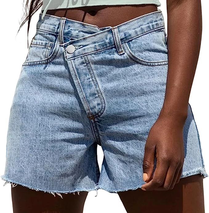 Genleck Women's Juniors Criss Crossover Jean Shorts High Waisted Stretchy Denim Shorts Casual Sum... | Amazon (US)