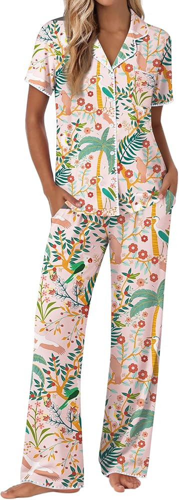 Ekouaer Pajamas for Women Set Button Up Soft Pjs Short Sleeve 2 Piece Lounge Sets Comfy Sleepwear | Amazon (US)