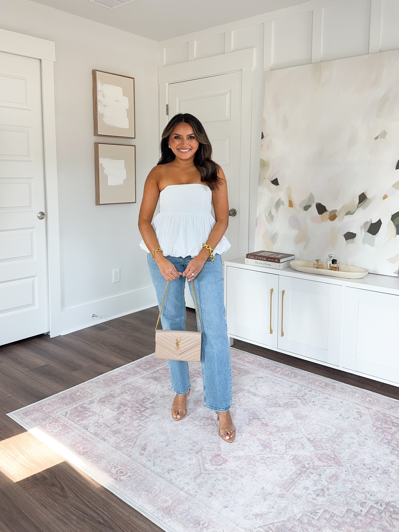 On sale plus an extra 15% off with code DENIMAF 
For reference: I’m a 32b bra size and 2/26 in bottoms, pear shaped.

White peplum top size xs - feels big in the bust on me, I would order the xxs 
Blue jeans in medium wash size 27 short - I sized up a size 
Clear heels size 5 TTS 
Belt size 70 TTS



#LTKSaleAlert #LTKPetite #LTKStyleTip