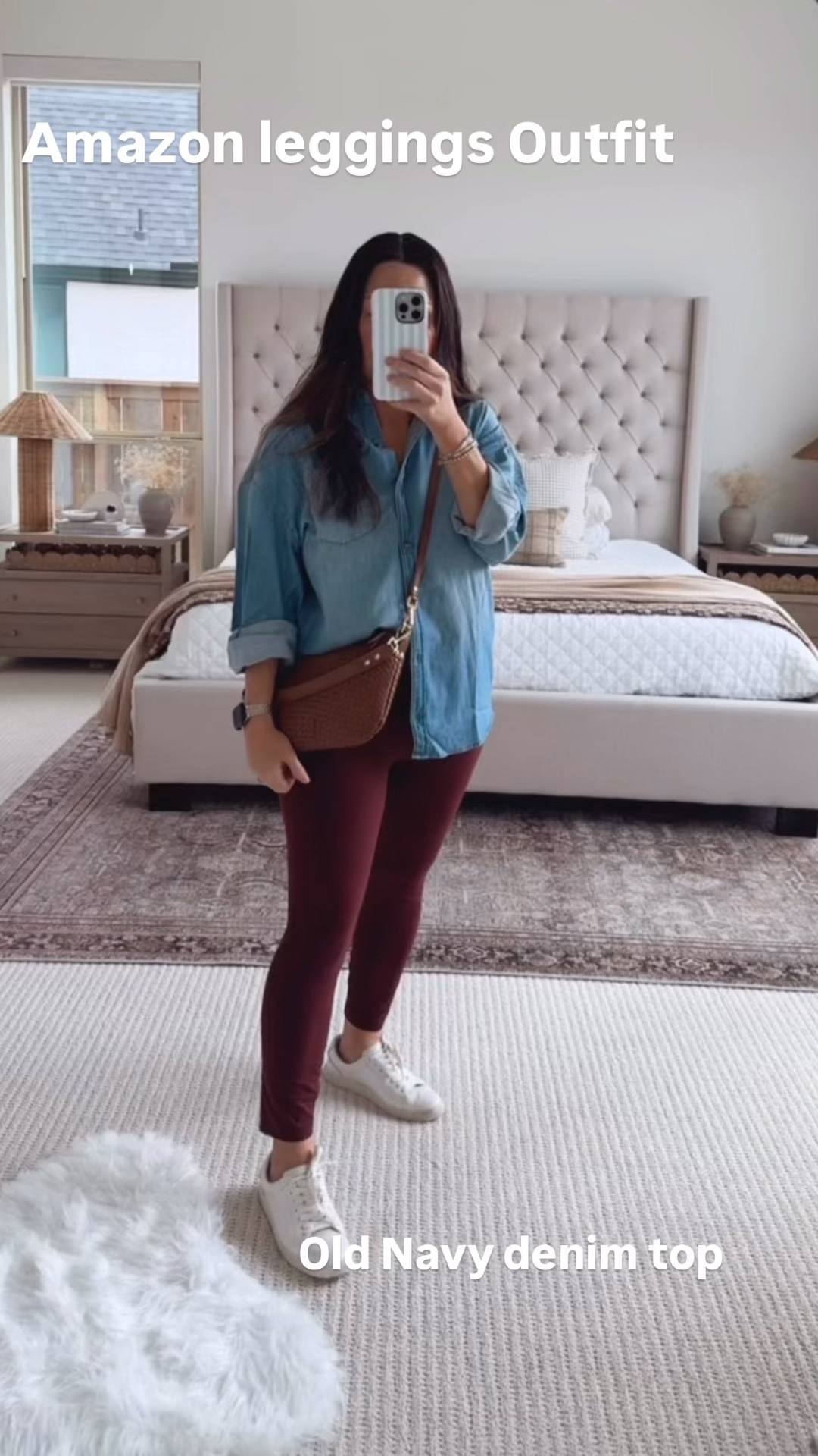 Your everyday casual outfit 🤎 Wearing my favorite Amazon leggings (they come in several lengths and are so comfortable), paired with an oversized Old Navy denim top, classic white leather sneakers, and my @Quince woven crossbody bag that I’ve been reaching for with everything lately. Easy neutral pieces that make a comfortable everyday outfit while still looking put together. Perfect casual athleisure style for errands, travel days, or everyday mom outfits. My go-to everyday Amazon leggings outfit — comfortable casual style with neutral basics I wear on repeat.

#LTKPetite #LTKActive #LTKootd