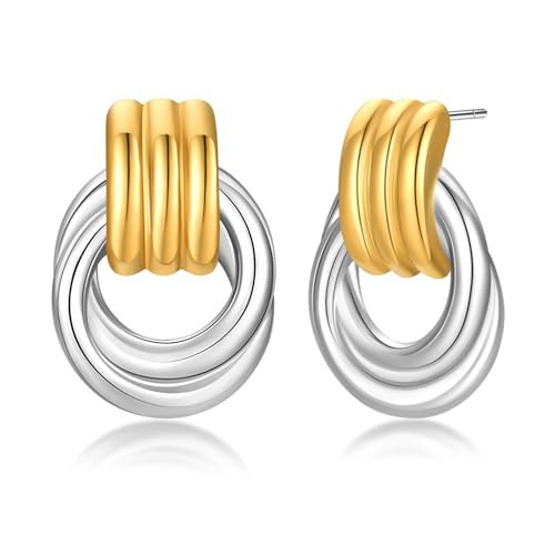 2 Tone Gold Knot Earrings for Women Chunky 18K Gold & Silver Plated Twisted Double Circles Geometric Hoop Drop Dangle Earrings Hypoallergenic Trendy Dupes Jewelry Lightweight | Amazon (US)