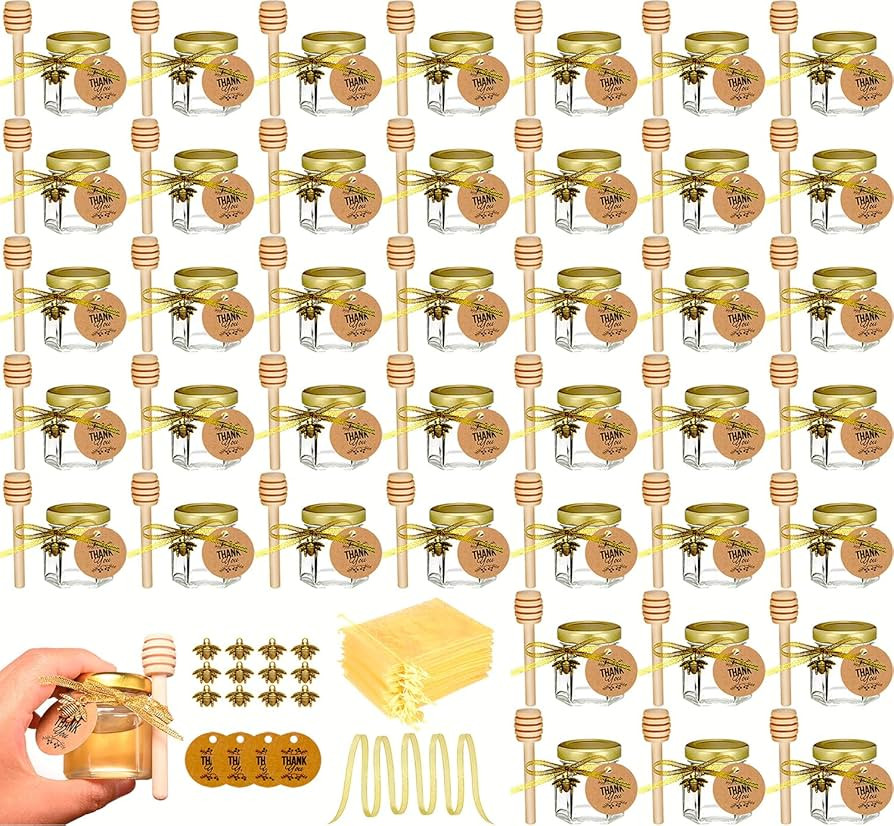 Ahhute 40 Pack Mini Honey Jars with Dipper - Glass Honey Jars Party Favors & Wedding Favors - Gol... | Amazon (US)