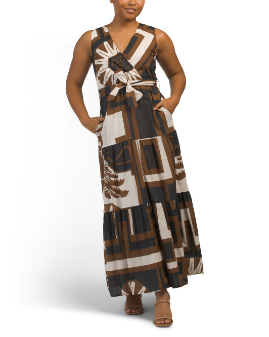 Made In Italy Geo Poplin Faux Wrap Maxi Dress | TJ Maxx