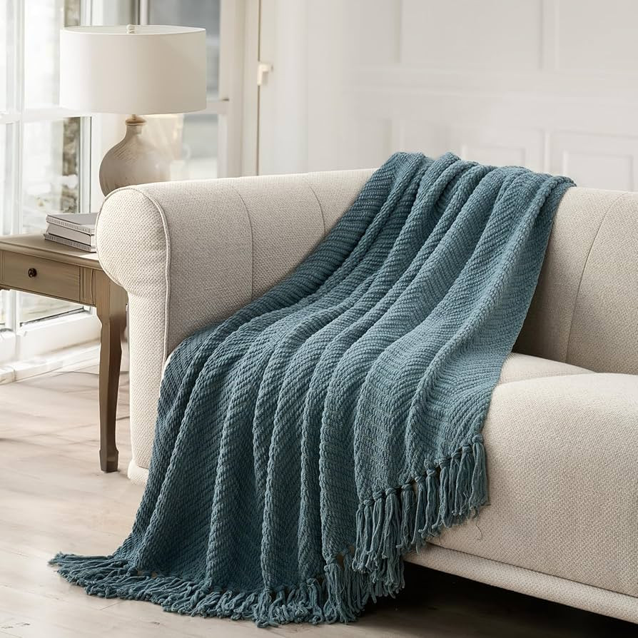 EVERGRACE Chenille Knit Stormy Blue Throw Blanket for Couch, Textured Woven Boho Knitted Blanket ... | Amazon (US)