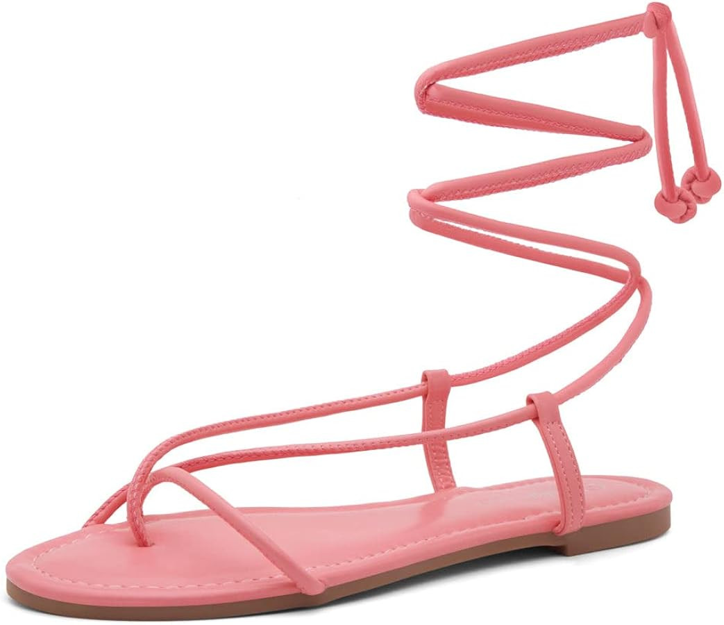 Shoe Land Womens SL-Auday Lace Up Flat Sandals Open Toe Wrap Ankle Strap Shoes | Amazon (US)