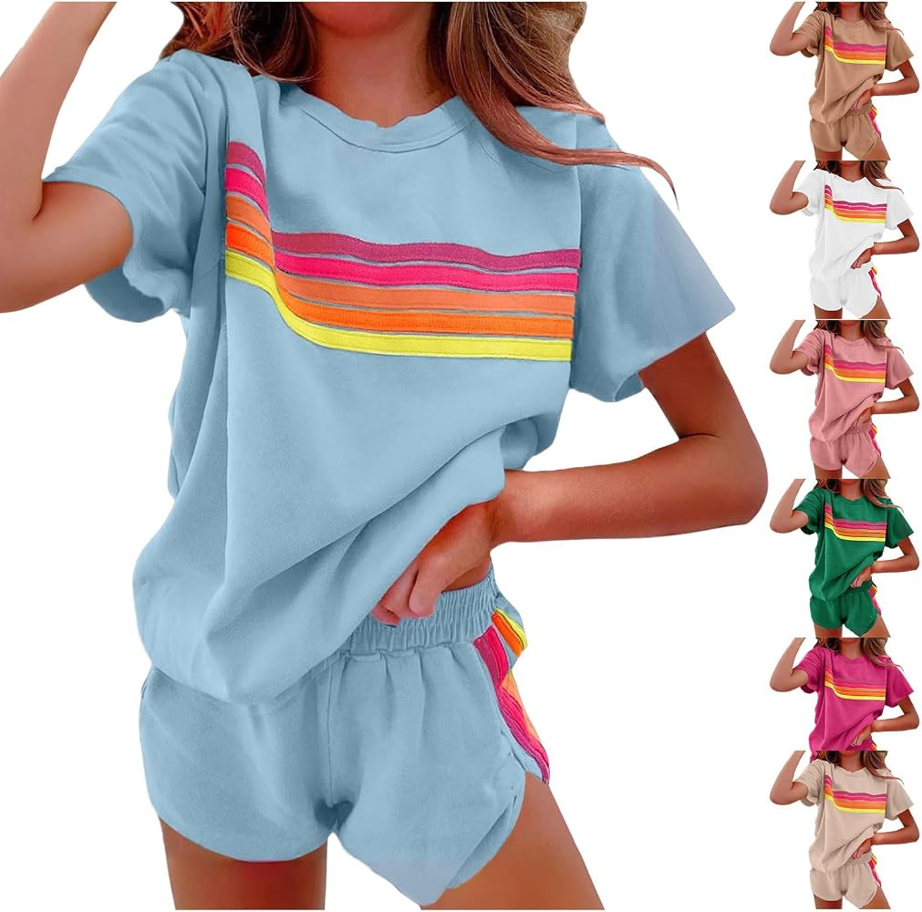 Summer 2 Piece Sets for Women Rainbow Striped Short Sleeve T Shirts and Shorts Set Casual Matchin... | Amazon (US)