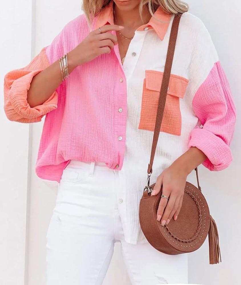 CHARTOU Women's Oversized Color Block Button Down Shirt Drop Long Sleeve Shirt Blouse | Amazon (US)
