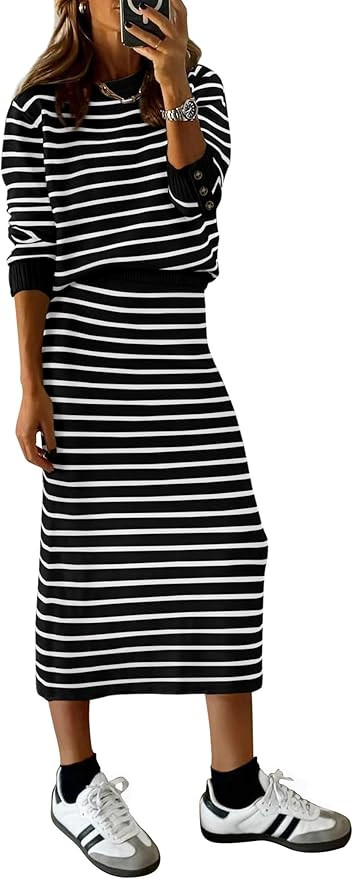 PRETTYGARDEN 2 Piece Skirts Sets For Women Fall Fashion 2025 Striped Sweater Dress Knit Lounge Tr... | Amazon (US)