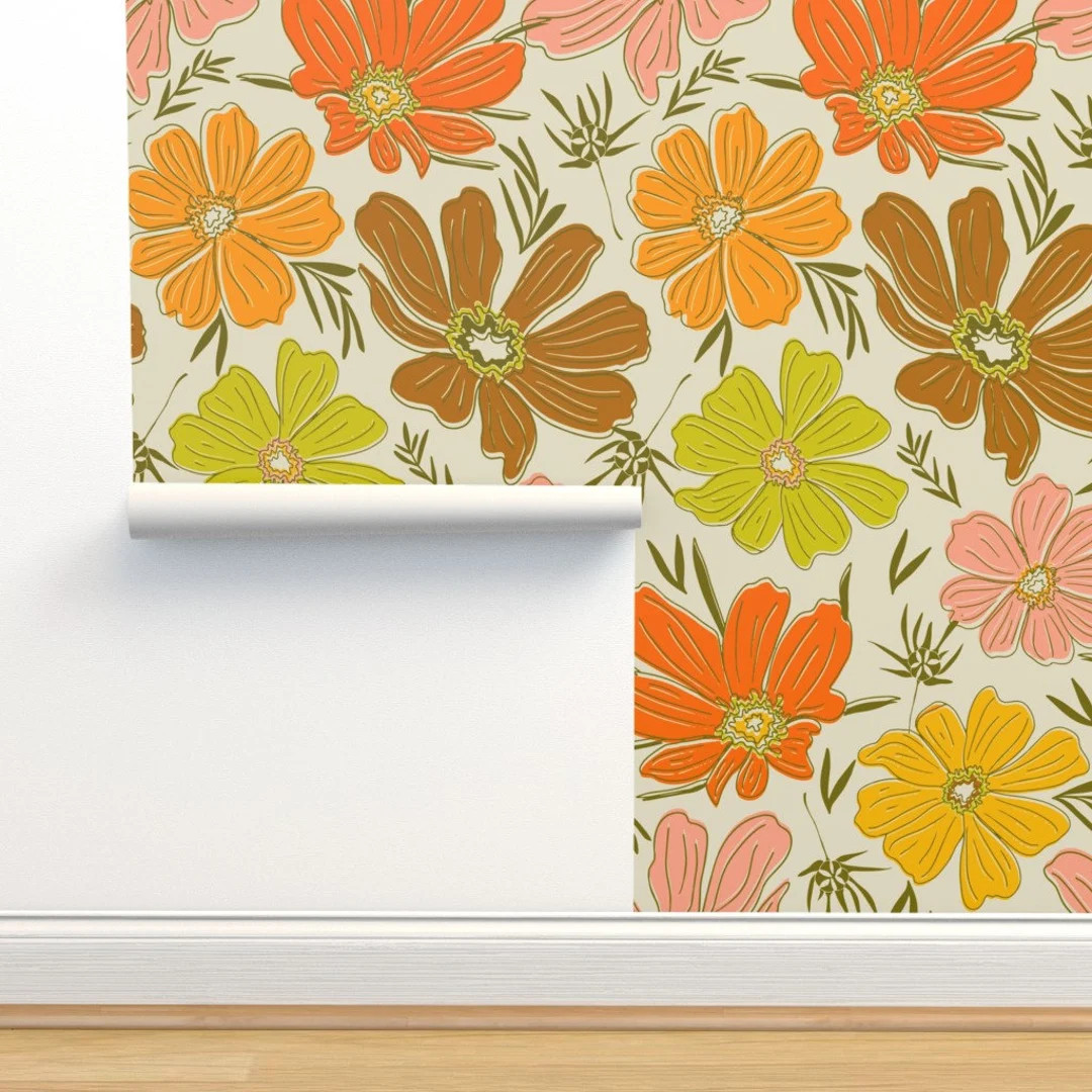 Flowers Commercial Grade Wallpaper Big Cosmos Retro Twist by Claudias_design Floral Retro 70s 60s... | Etsy (US)