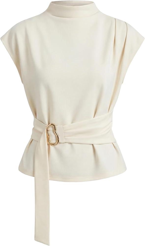 Womens Mock Neck Blouses Cap Sleeve Buckle Tie Waist Spring Dressy Work Shirts 2026 Summer Busine... | Amazon (US)