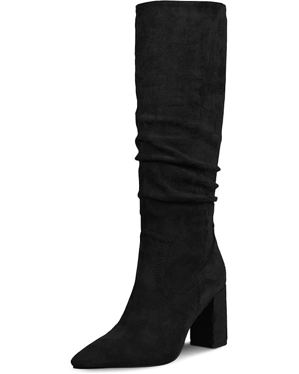 Ouepiano Womens Knee High Boots Chunky Heel Faux Suede Pointed Toe Side Zipper Fall Boots | Amazon (US)