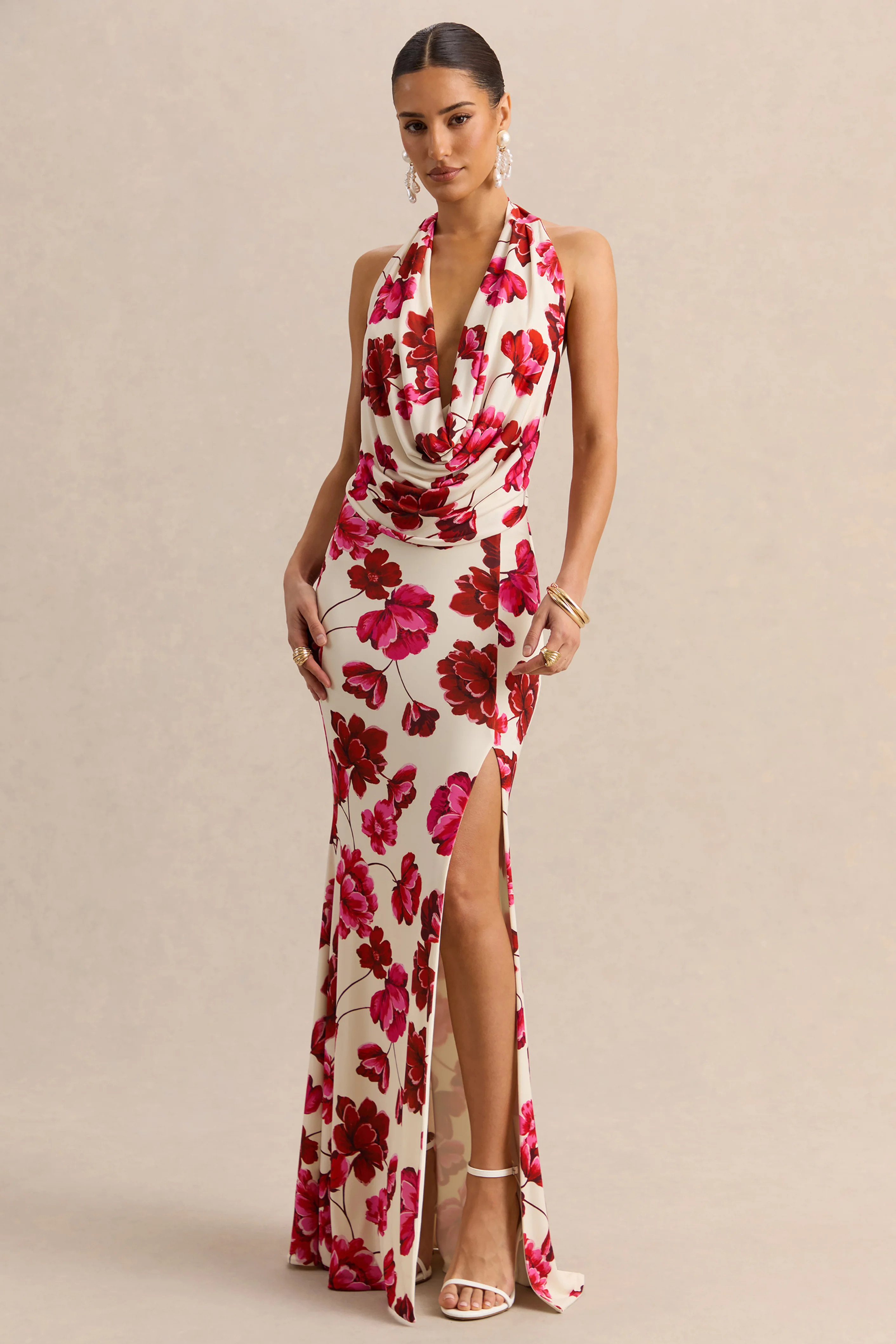 Flossie | Cream And Pink Floral Print Plunge-Neck Maxi Dress | Club L London