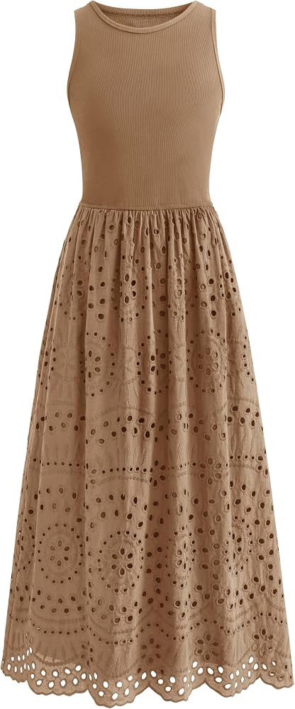 dowerme Women Summer Dresses 2026 Casual Sleeveless Crewneck A-Line Boho Lace Eyelet Cotton Tank ... | Amazon (US)