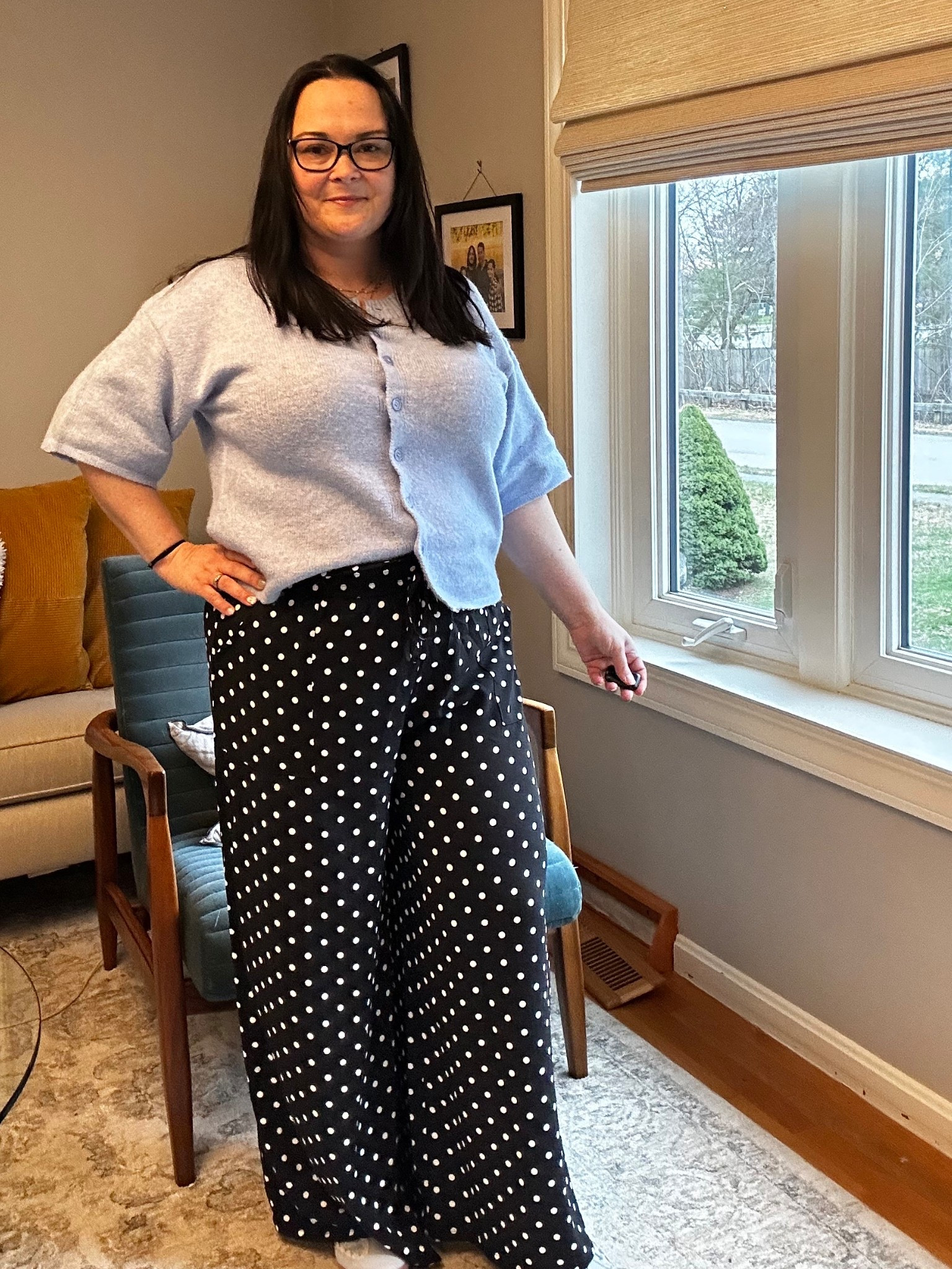 Casual midsize ootd with true to size polka dot wide leg pants and a soft knit short sleeve cardigan. This comfortable outfit is easy, flattering, and perfect for real life. The flowy printed pants add interest while the soft cardigan keeps the look simple, relaxed, and wearable. A go-to everyday outfit formula for midsize women.

#LTKWorkwear #LTKootd #LTKMidsize