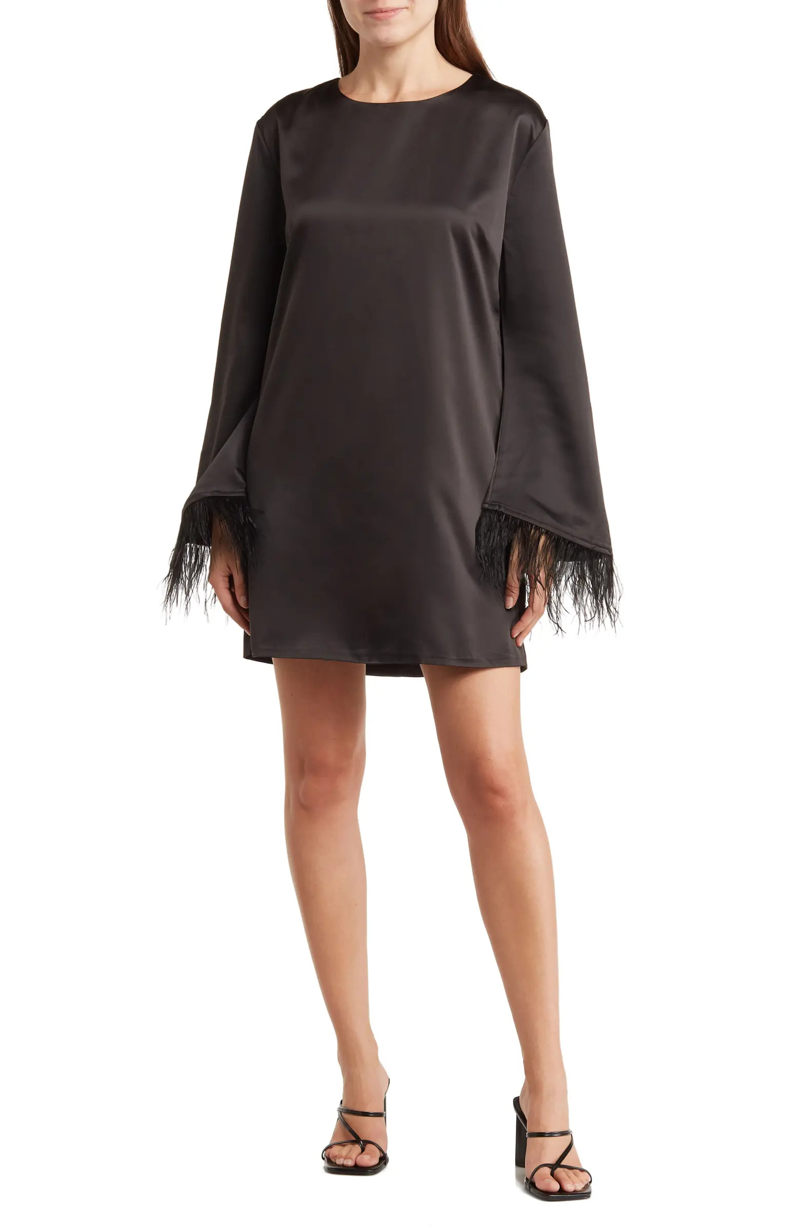 Feather Trim Long Sleeve Satin Shift Dress | Nordstrom Rack