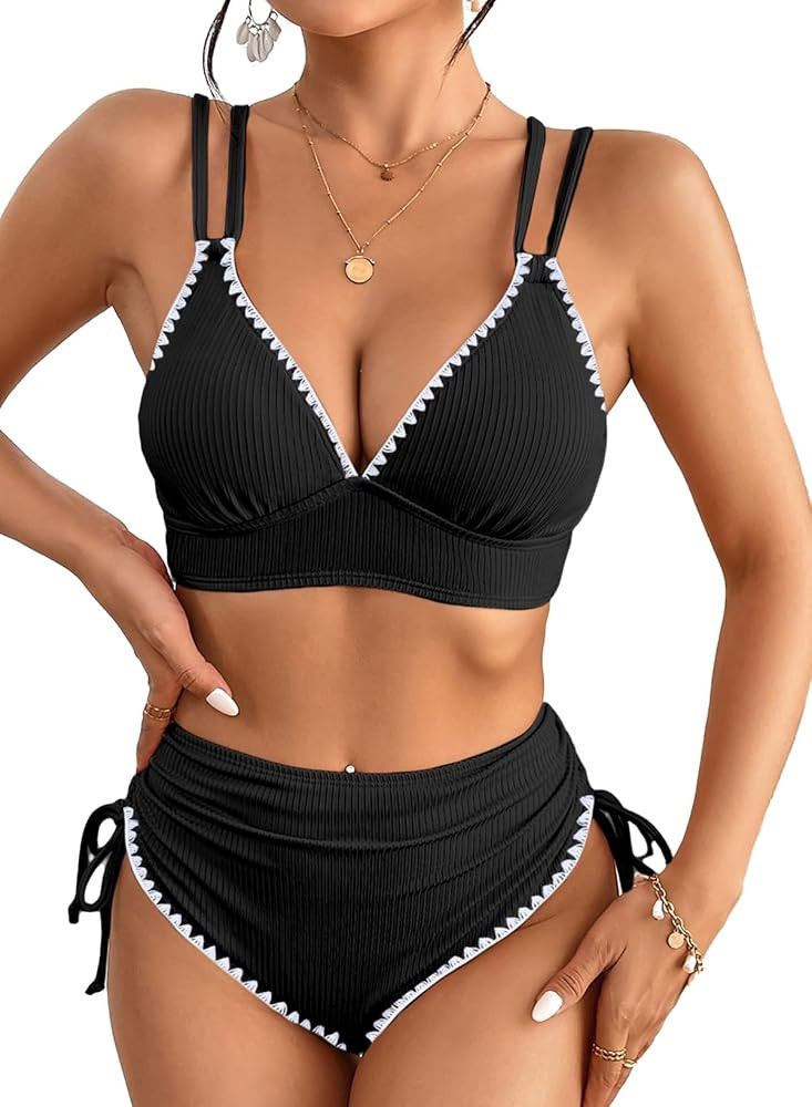 Herseas Women's Bikini Sets Two Piece Swimsuit V Neck High Waisted Ruched Tummy Control 2025 Summ... | Amazon (US)