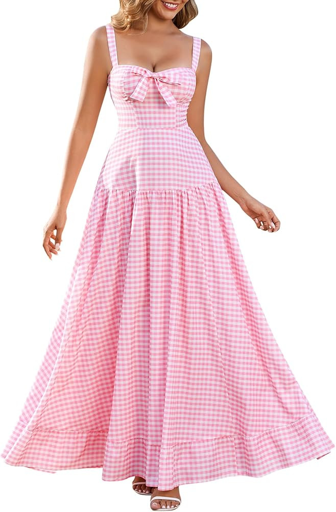 HTZMO Summer Casual Gingham Maxi Dress A Line Bow Flowy Beach Wedding Guest Long Sundress for Wom... | Amazon (US)