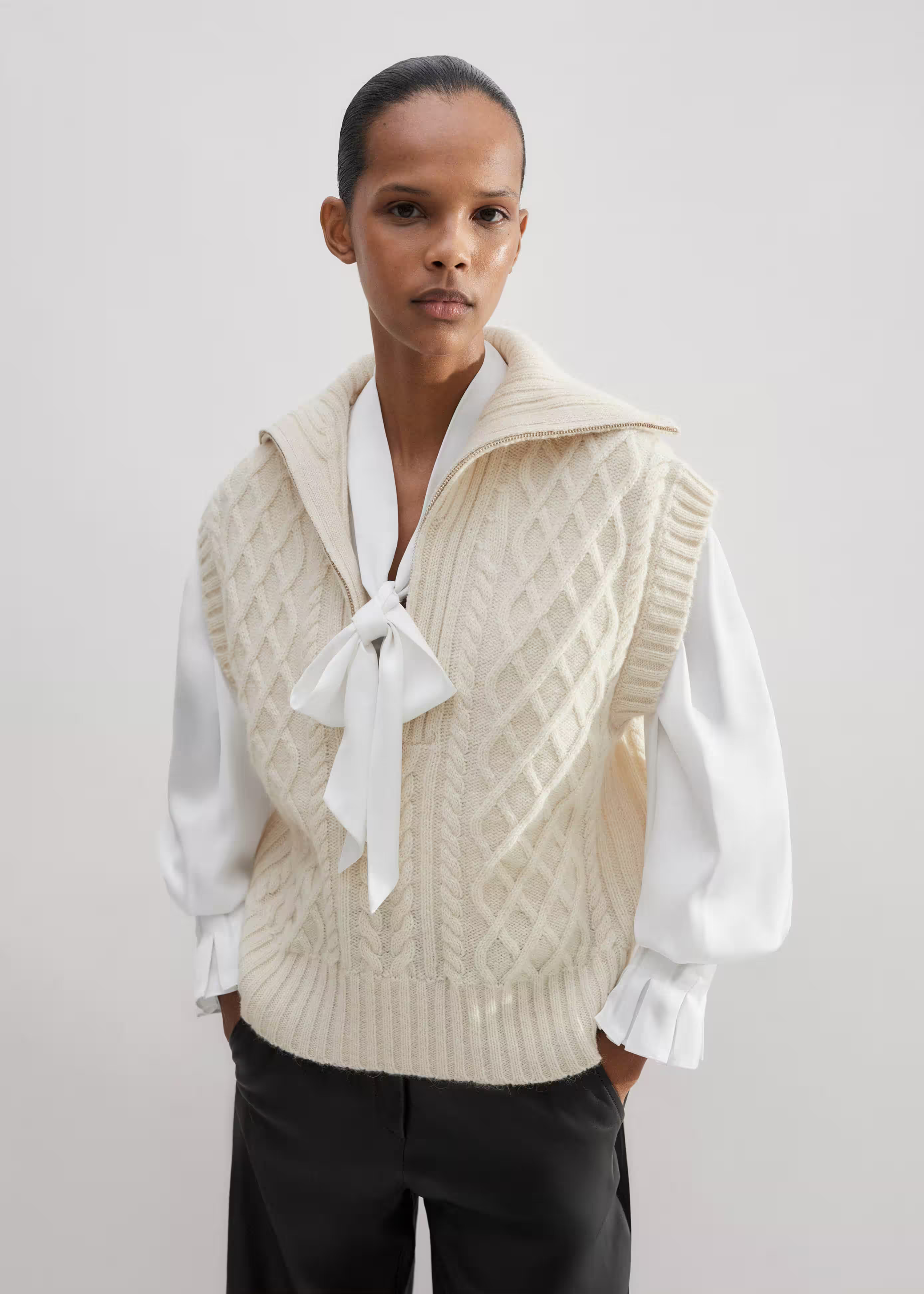 Women's Cream Recycled Wool Alpaca Cable Half Zip Sweater Vest | ME+EM | ME+EM US