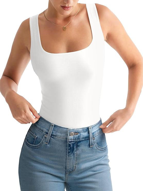 PINKMSTYLE Womens Square Neck Tank Tops Cute Double Layer Seamless Workout Tops Summer Sleeveless... | Amazon (US)