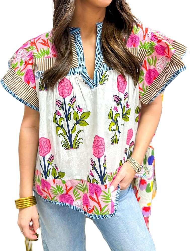Women Floral Ruffle Short Sleeve Tops Flare Shoulder Boho Babydoll T Shirts Casual Flutter Sleeve... | Amazon (US)