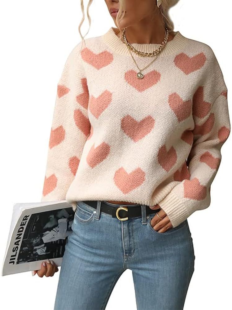 Akivide Women's Cute Aesthetic Heart Cream Sweaters Trendy Fall Pullover Crewneck Long Sleeve Sof... | Amazon (US)
