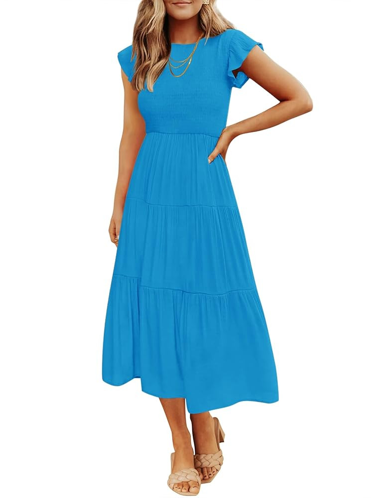 ZESICA Women's 2025 Summer Casual Flutter Short Sleeve Crew Neck Smocked Elastic Waist Tiered Mid... | Amazon (US)