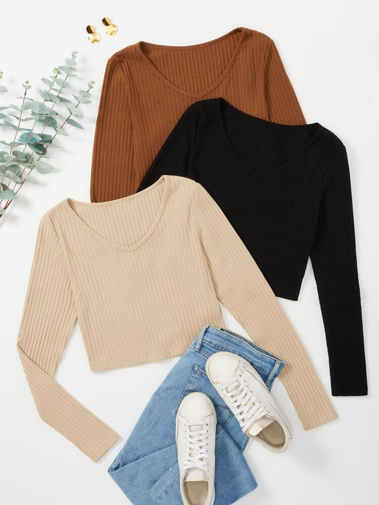 Plus 3pcs Solid Rib-knit V Neck Tee | SHEIN