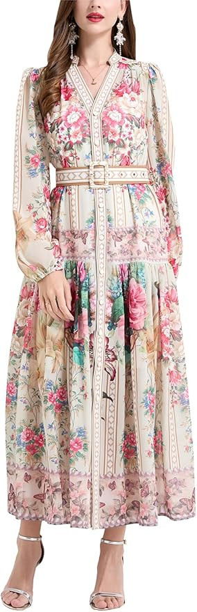 Women's Puff Sleeves V Neck Chiffon Floral Dress Elegant Casual A Line Maxi Dresses with Belt | Amazon (US)