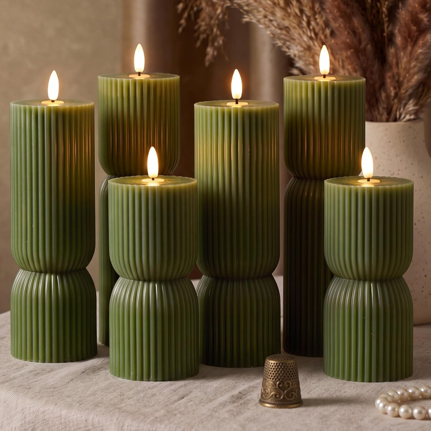 Tujoe 6 Pcs Green Pillar Candles Flameless Olive Green Ribbed LED Candles | Amazon (US)