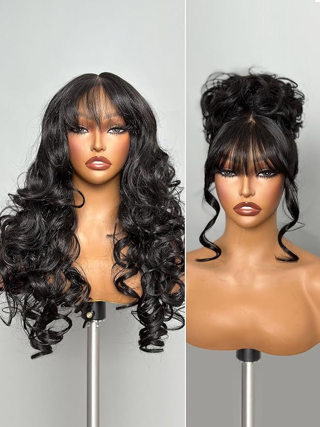 GORGIUS Black Wigs with Bang Body Wave Wig Long Natural Black Glueless Wavy Wig for Women Crafted... | Amazon (US)