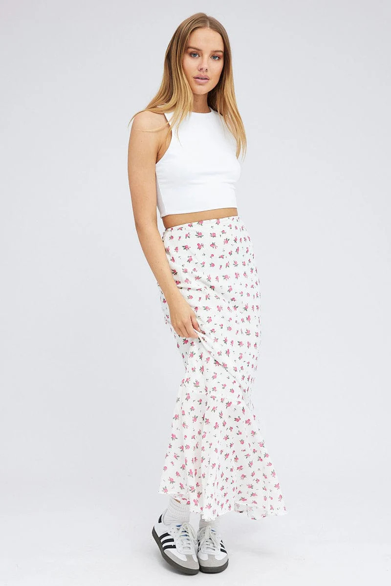 White Floral Maxi Skirt High Waist Fit & Flare Elastic Waist | Ally Fashion (US, Australia & New Zealand)