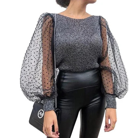 Womens Puff Sleeve Sweater Knit Stitching Organza Top Solid Color Round Neck Sweater Womens Long Sle | Walmart (US)