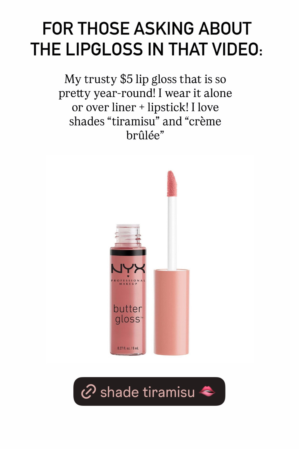 Best drugstore lipgloss! Five dollars and I keep them in every purse and cosmetic bag! Tiramisu and crème brûlée my favorite shades ￼

#LTKselfcare #LTKBeauty #LTKOver40